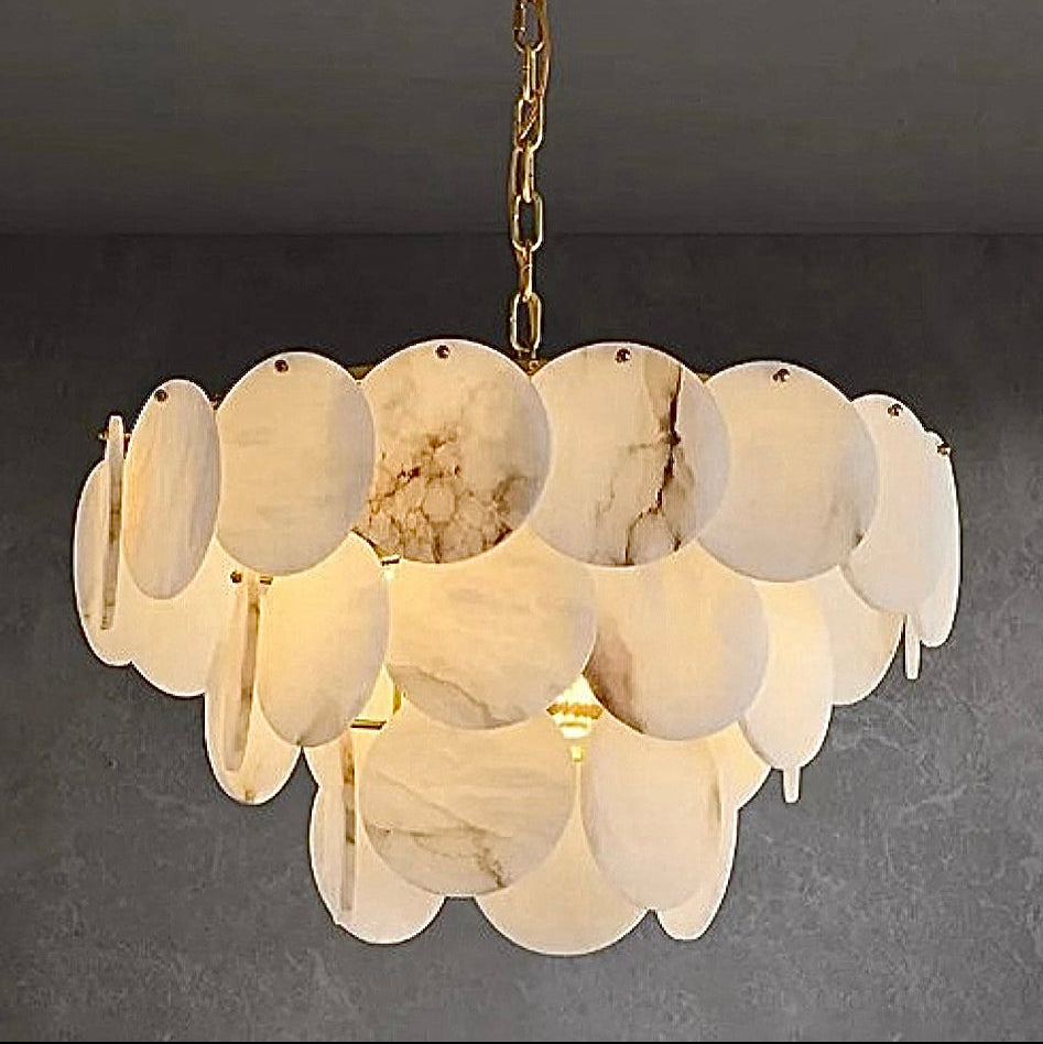 3-tier Natural alabaster chandelier illuminating a contemporary dining space in natural stone