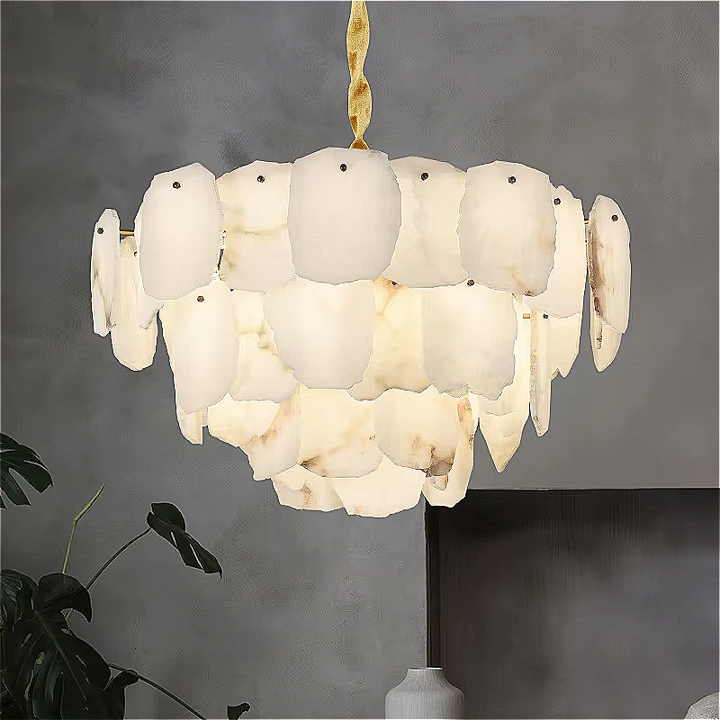 3-tier alabaster chandelier featuring natural stone petal structure and adjustable chain, quiet luxury lighting