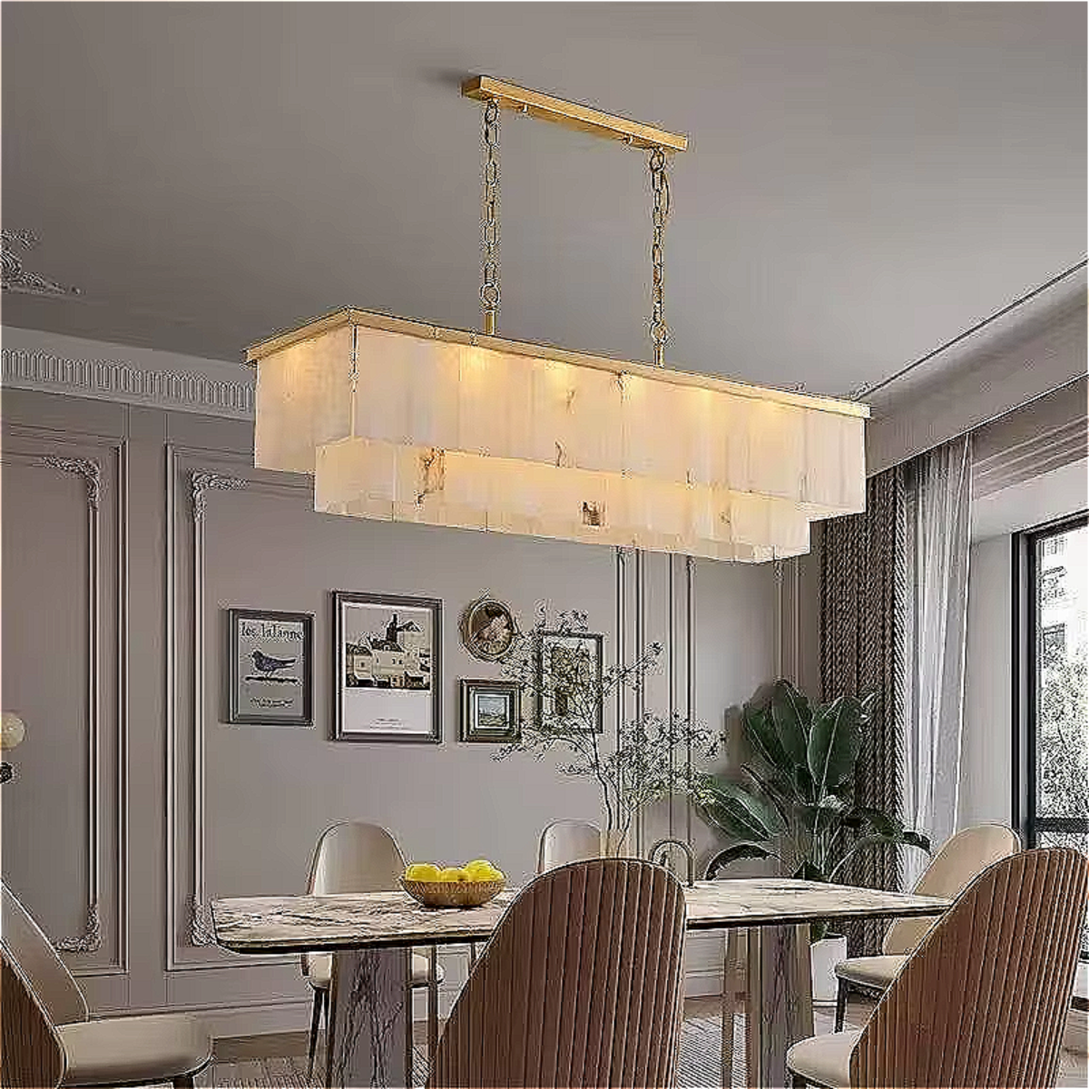 Alabaster rectangular chandelier for modern dining room interior