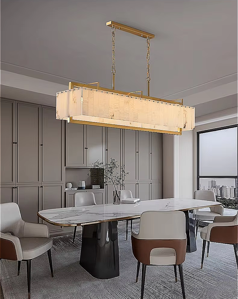 Alabaster rectangular chandelier above refined dining interior with modern luxury styling