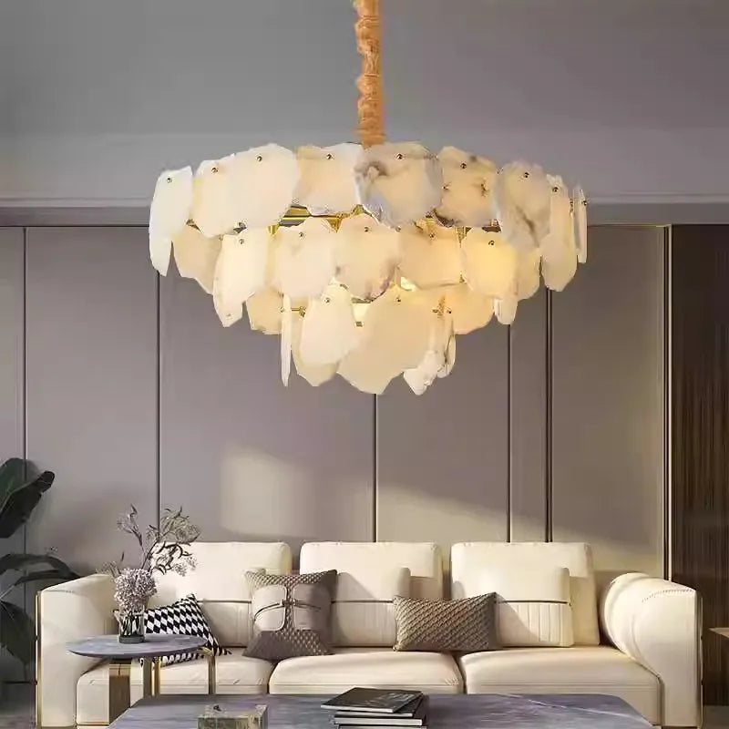 Alabaster chandelier with 3-tier sculptural natural stone panels and gold copper frame, modern luxury pendant light