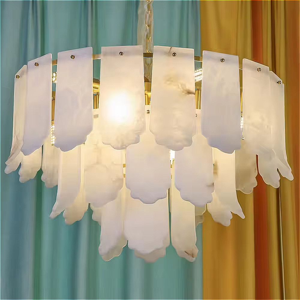 Alabaster chandelier installed in a modern bedroom with refined luxury interior design