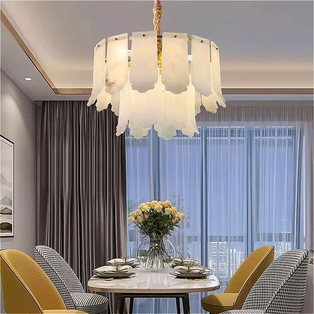 Sculptural alabaster chandelier hanging in a contemporary dining room with elegant lighting