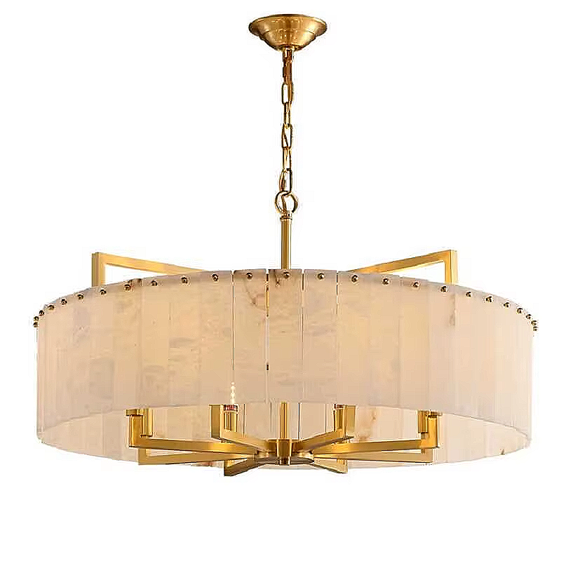 Alabaster drum pendant light in a modern kitchen island space