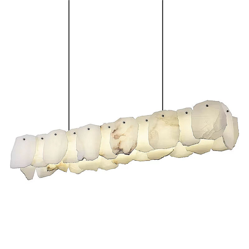 Alabaster linear chandelier detail, gold sculptural stone pendant light for modern luxury interiors