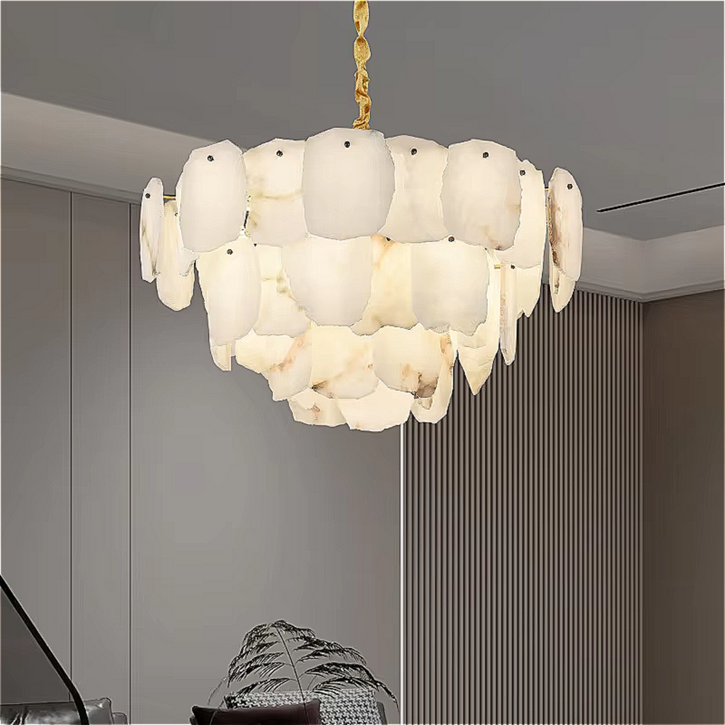 Alabaster natural stone chandelier installed in dining room, modern luxury and quiet luxury interior