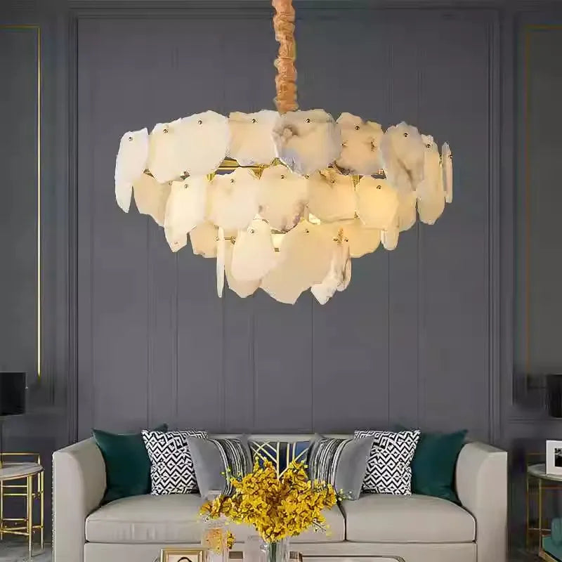Alabaster natural stone chandelier installed in living room, modern luxury and quiet luxury interior