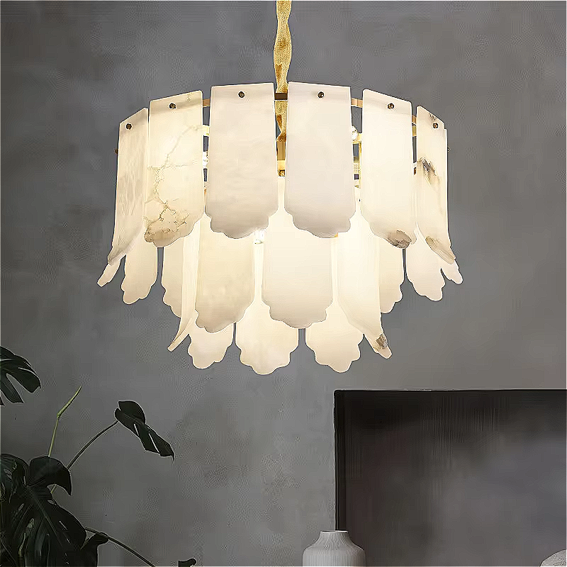 Alabaster pendant chandelier installed in a modern dining room creating soft ambient light