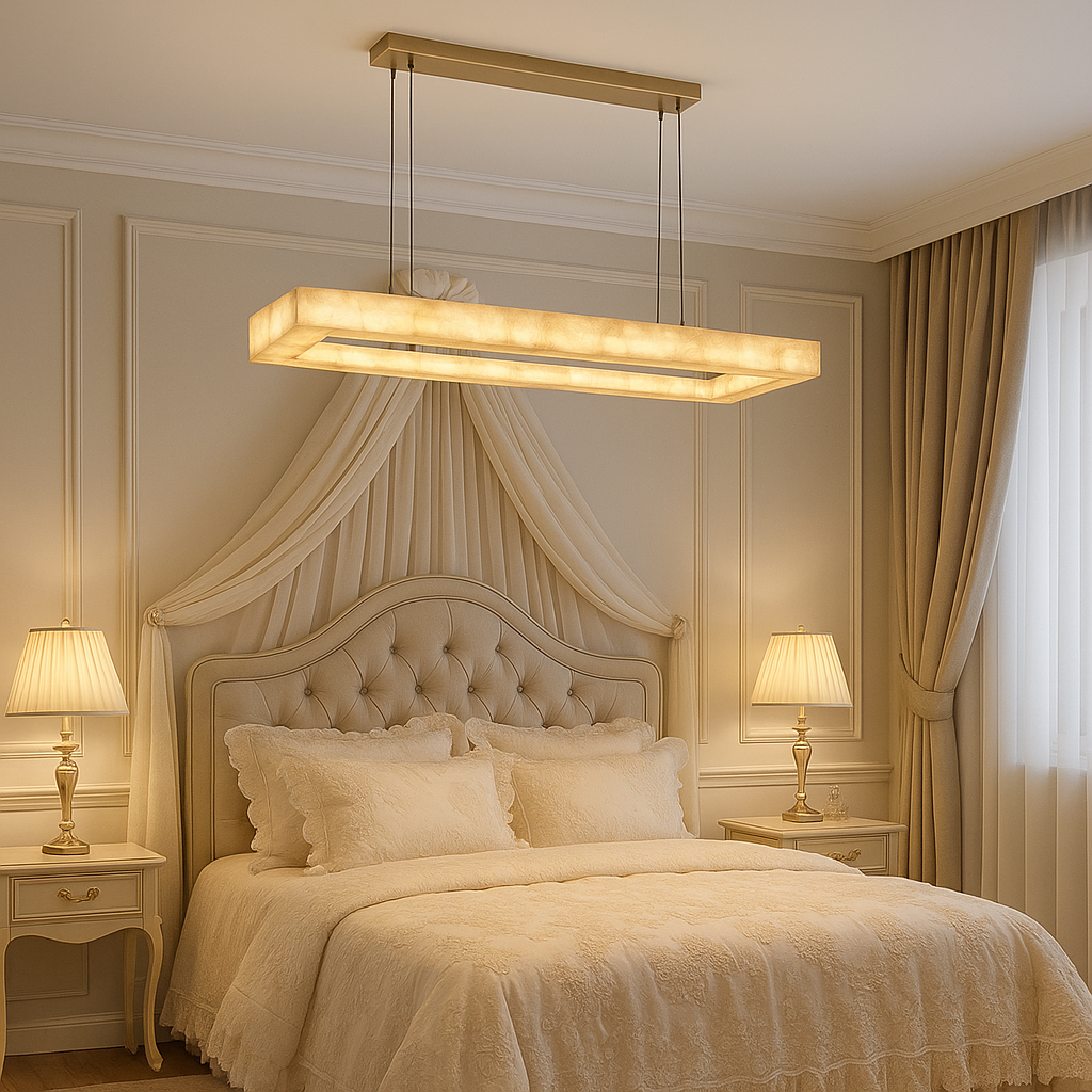 Alabaster rectangular chandelier for neutral interior space, neutral bedroom