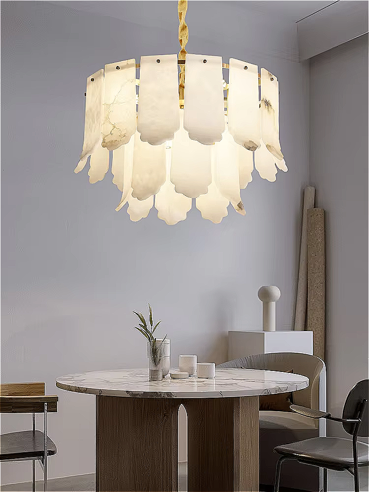Luxury alabaster chandelier in a refined interior with modern architectural details