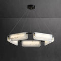 Modern round alabaster chandelier in a black contemporary interior