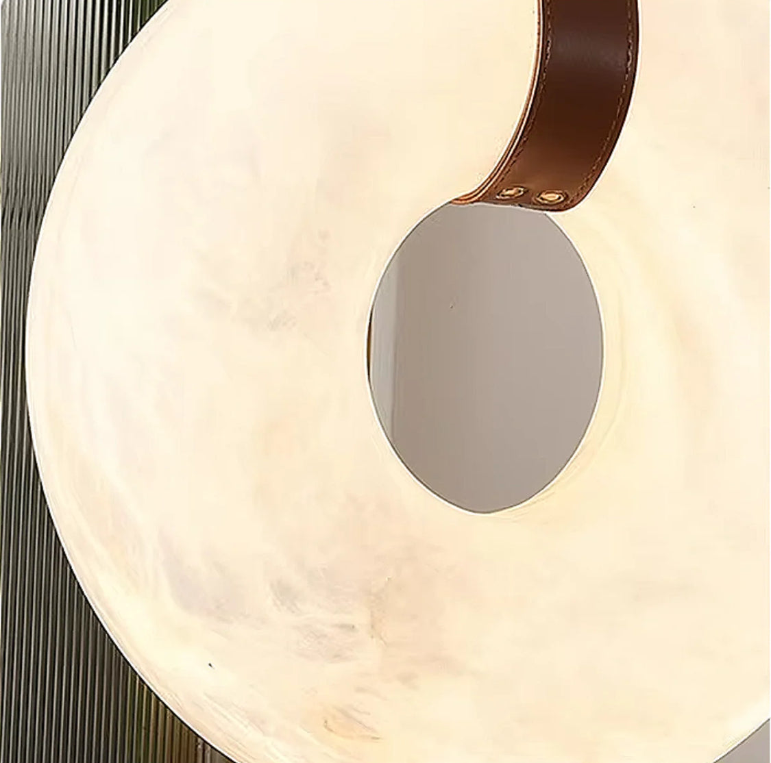 Alabaster ring chandelier with leather strap detail for modern interior