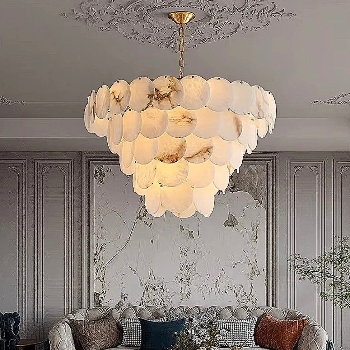 5-tier spanish alabaster chandelier in a quiet luxury interior styled with natural stone tones