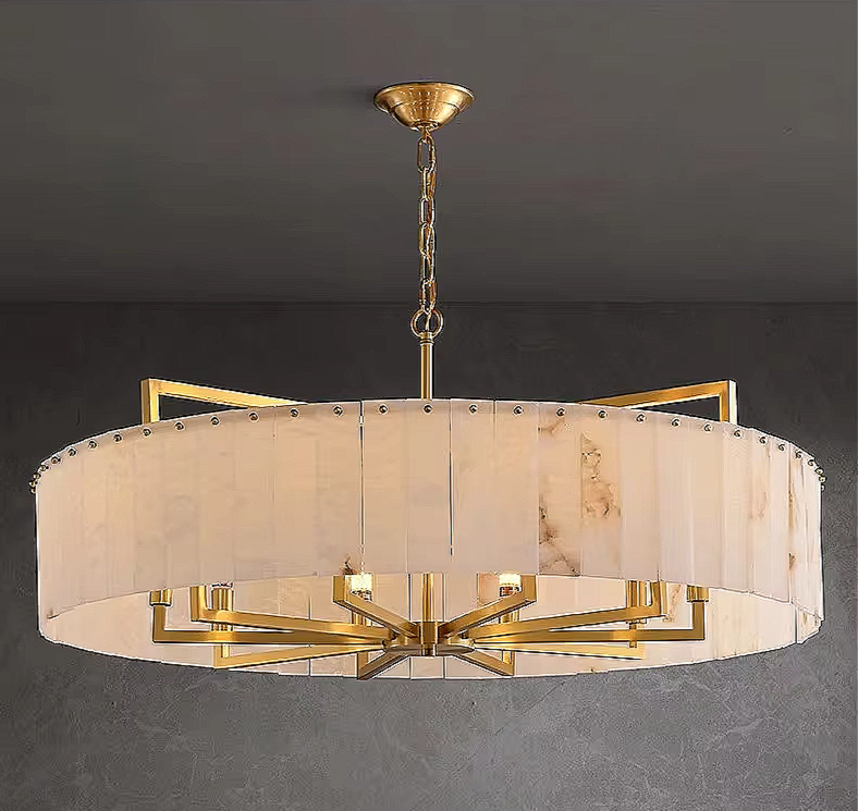 Sculptural alabaster drum chandelier in a contemporary dining room interior