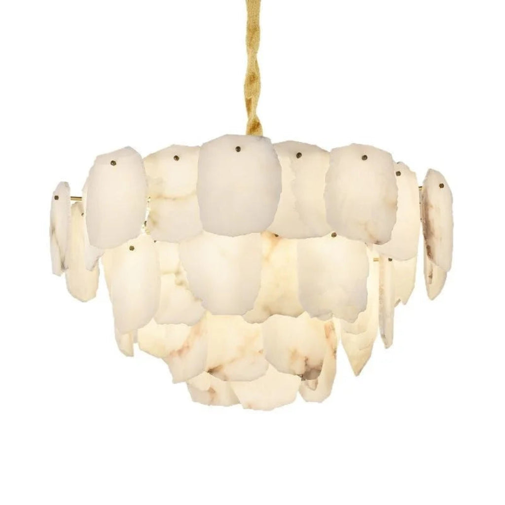 Gold-finished copper frame of alabaster pendant light, sculptural chandelier for neutral interiors