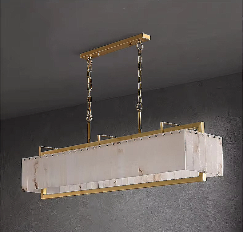gold framed alabaster linear chandelier showing natural stone veining