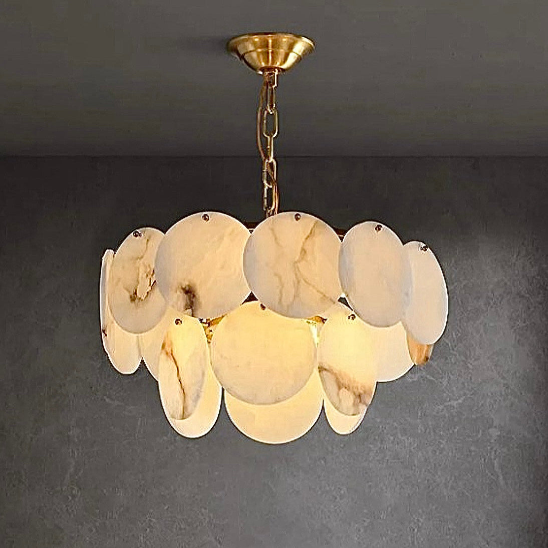 2-tier spanish alabaster chandelier in a minimalist luxury dining room with natural stone finish
