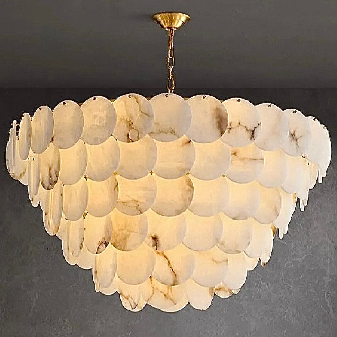6-tier spanish alabaster chandelier illuminated with soft glow natural stone lighting