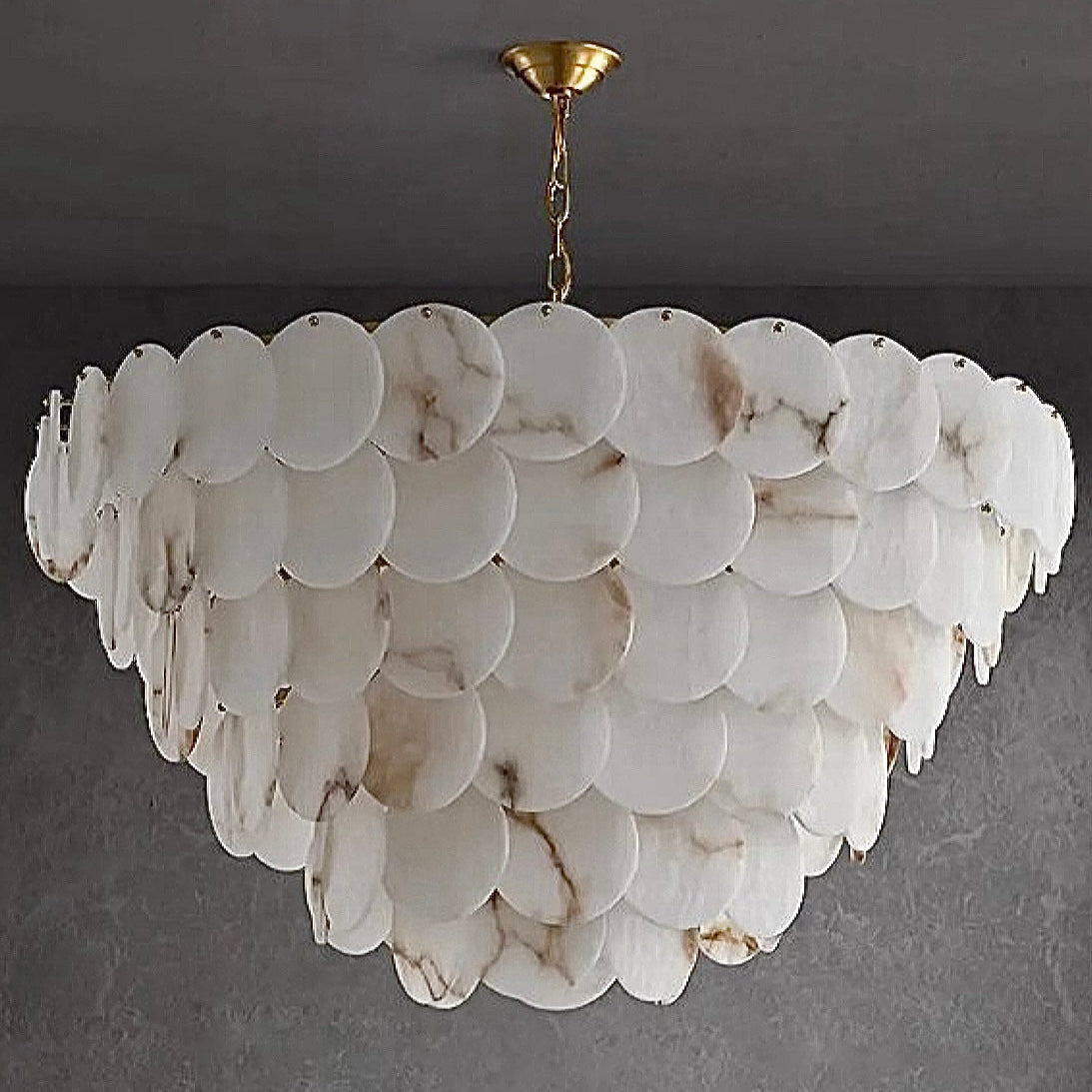 6-tier natural stone spanish alabaster chandelier showcasing sculptural disc form without lighting