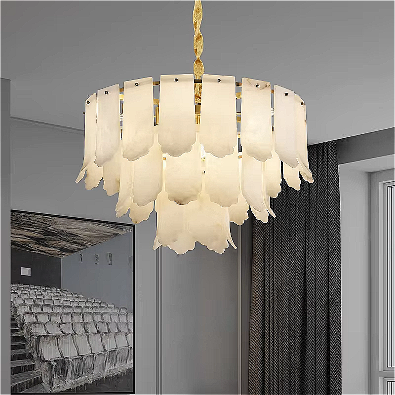 Sculptural alabaster 3-tier chandelier with leaf-inspired stone panels in a modern luxury interior