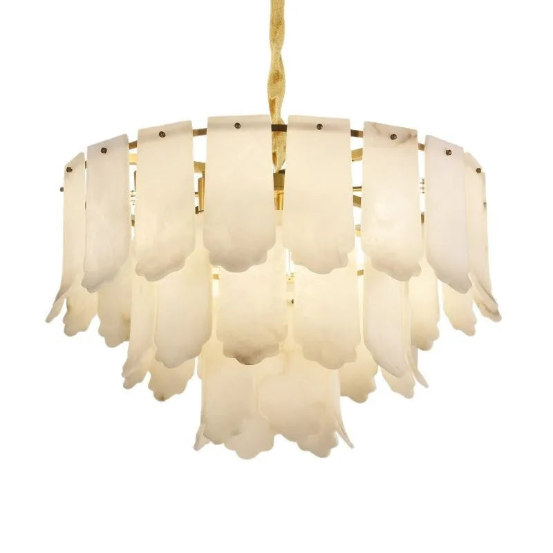 alabaster 3-tier chandelier showcasing natural stone texture and sculptural layers