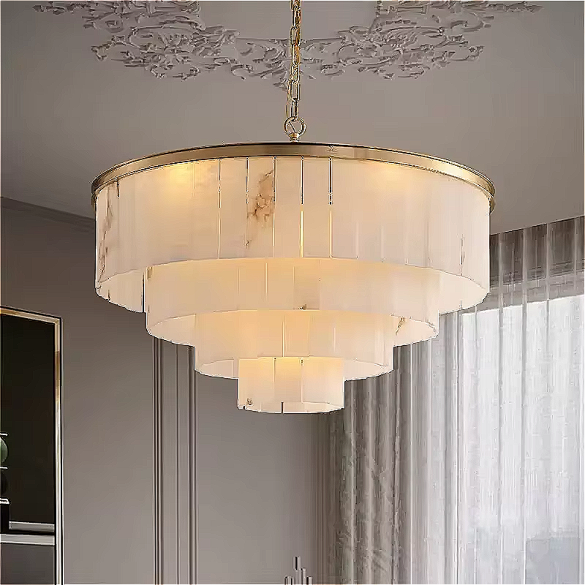 Alabaster 4-tier round chandelier for modern dining room interior