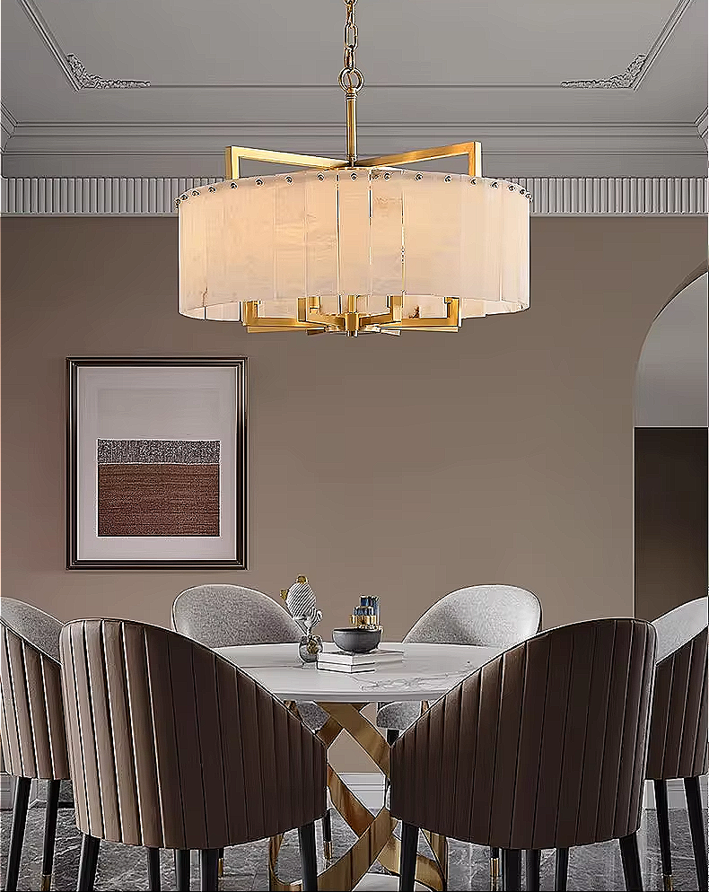 Gold Alabaster Drum Chandelier – Modern Round Pendant Light for Dining Rooms, Living Rooms & Foyers | LAIF DESIGN STELLOQ