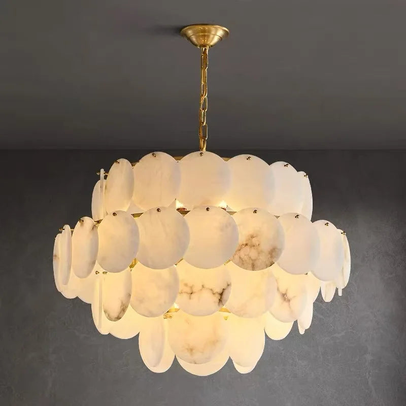 4-tier natural stone spanish alabaster chandelier highlighting sculptural disc layering