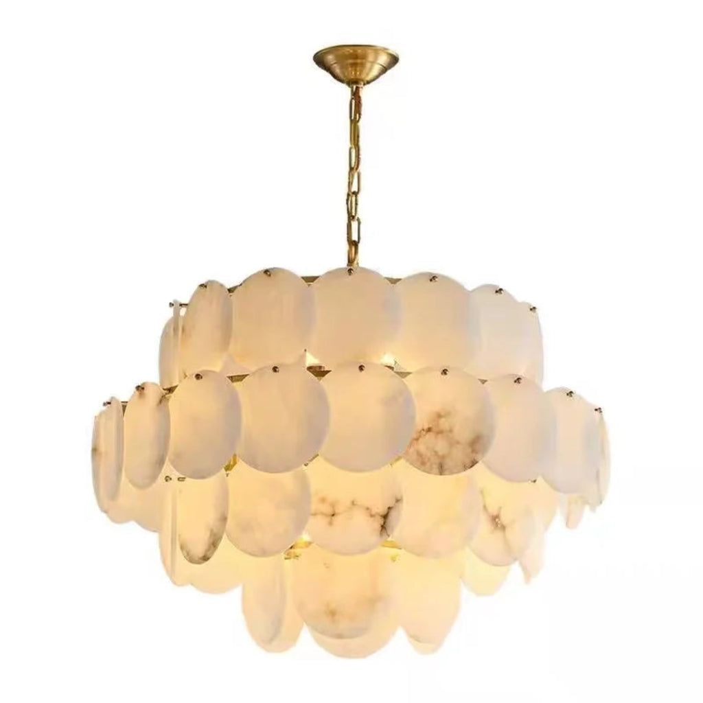 4-tier spanish alabaster chandelier featuring refined natural stone discs and gold frame