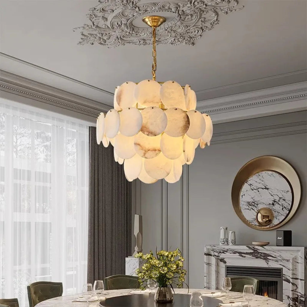 4-tier spanish alabaster chandelier above a modern luxury dining room in natural stone finish