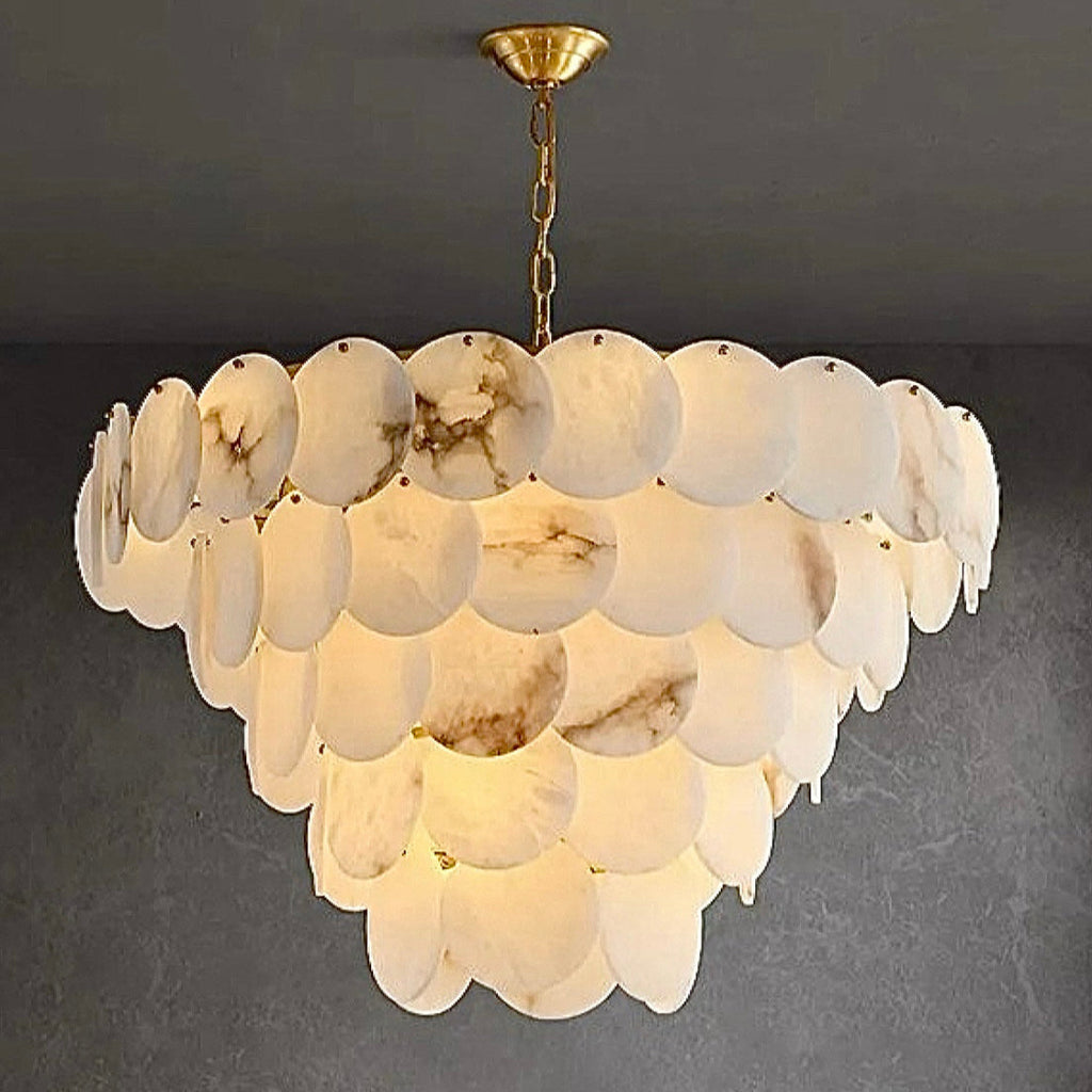 5-tier spanish alabaster chandelier with warm architectural glow and gold metal structure