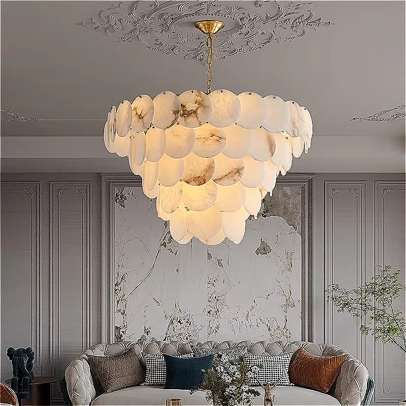 Alabaster Disc Chandelier – 5-Tier Gold Natural Stone High Ceiling Light | LAIF DESIGN RODDLE