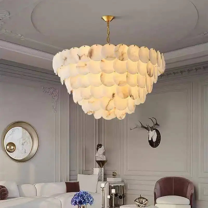 6-tier spanish alabaster chandelier crafted from natural stone in a modern luxury interior